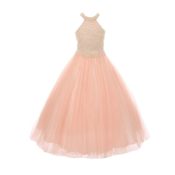 Big Girls Blush Dazzling Halter Neck Party Tulle Junior Bridesmaid Dress 8-16 - SophiasStyle.com